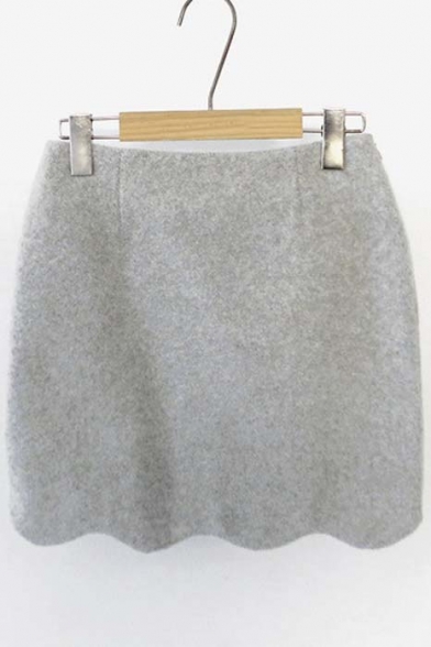 Woolen Scalloped Hem Zipper Detailed Bodycon Skirt