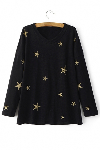 Black Gilded Star Loose V-Neck Batwing Long Sleeve Sweater