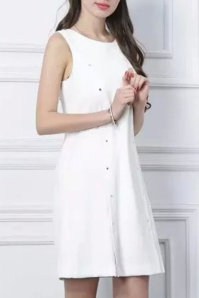 Plain White Loose Scoop Neck Sleeveless Mini Dress