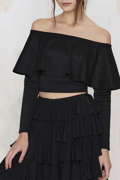 Black Off The Shoulder Ruffle Detail Long Sleeve Cropped Tee