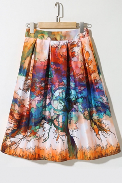 Landscape Print High Waist A-Line Midi Skirt