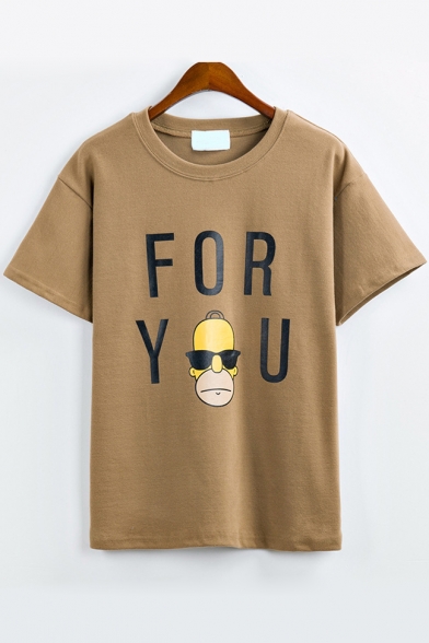 Round Neck Short Sleeves Letter&Cartoon Print Casual Tee