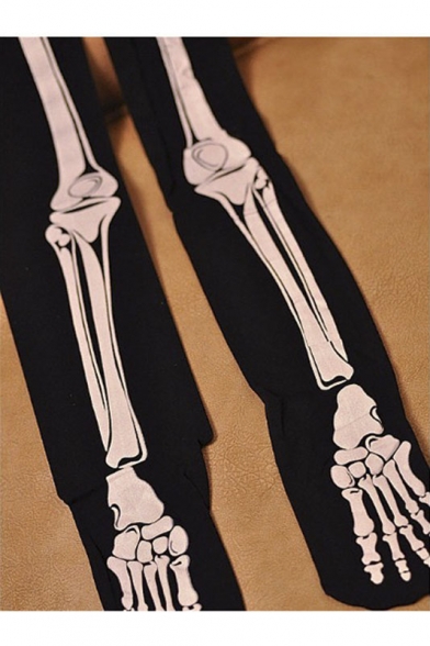 Black Skeleton Print Velvet Skinny Pantyhose