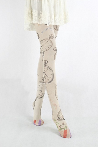 Fashion Clock Print High Waist Thin Stretch Pantyhose