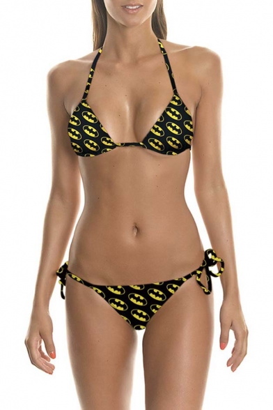 Printed Halter Triangle String Bikini Set