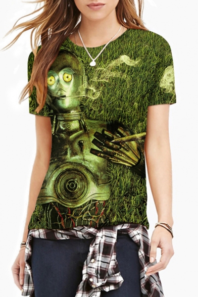 3D Extraterrestrial Print Round Neck Short Sleeves Cool Tee