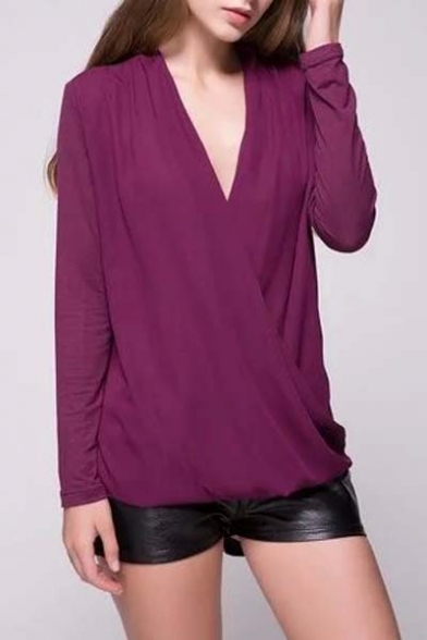 Casual Plain Knitted V-Neck Draped Wrap Blouse