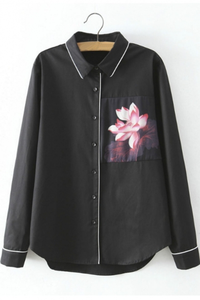 Lapel Floral Print Button Down Long Sleeve Shirt