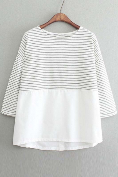 Stripes Patchwork Batwing Dropped Shoulder 3/4 Sleeves Tee