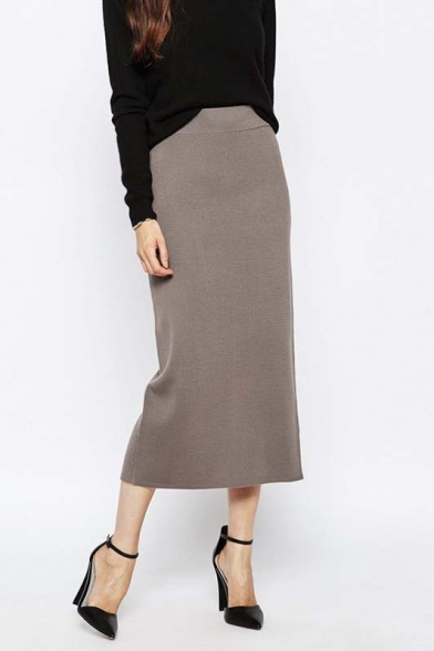 Elegant Plain Split Hem Elastic Waist Lady's Skirts