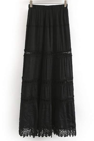 Plain Elastic Waist Hollow Out Lace Patchwork Maxi Skirt