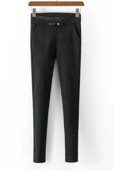 Black Sheath Striped Bow Pocket Embellished Pants