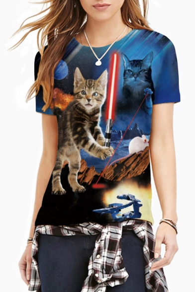 Colorful 3D Cat Print Round Neck Short Sleeve Tee