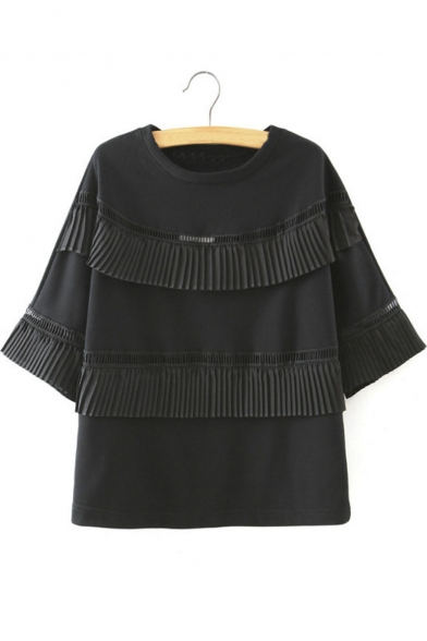Round Neck Hollow Out Pleated Ruffles Detail Sweatshirt