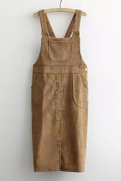 Vintage Corduroy Column Overalls Dresses With Pockets Design