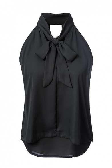 Plain Halter Bow Front Two Tiers Sleeveless Blouse - Beautifulhalo.com