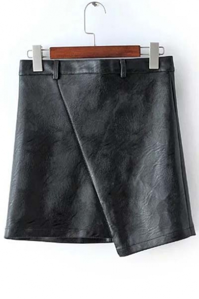 Black PU Zipper Fly Wrap Asymmetric Skirt