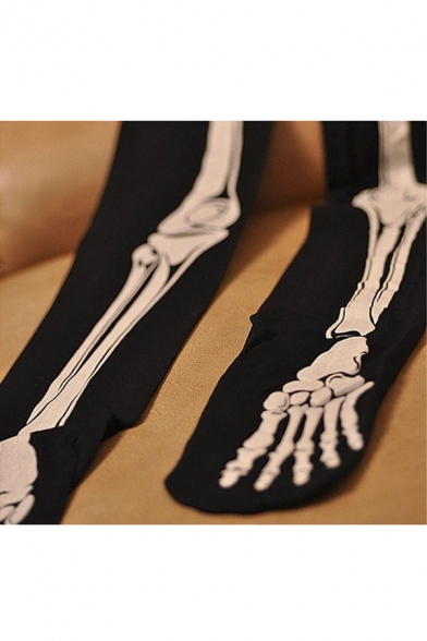 Black Skeleton Print Velvet Skinny Pantyhose - Beautifulhalo.com