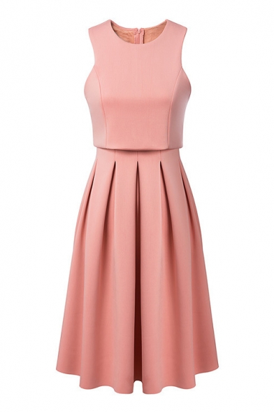 False Two Round Neck Two Layers Sleeveless Pleated Dress