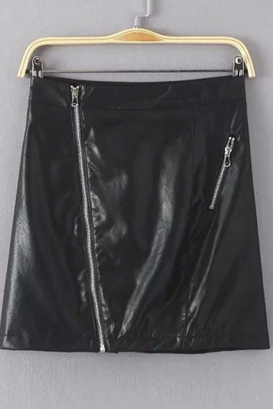 Black High Waist Asymmetrical Zipper Detail PU Skirt