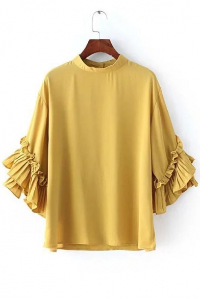 Plain Collared Ruffle Detailed 3/4 Sleeves Blouse