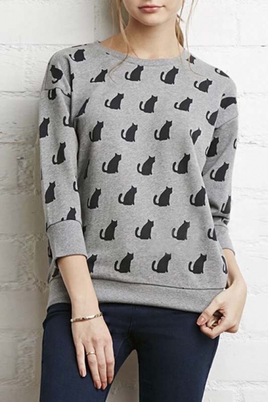Simple Design Round Neck 3/4 Sleeves Cat Print Sweatshirts