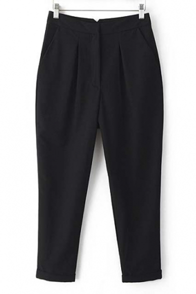 Black Ankle-Cuff Pleated Ankle-Length Harem Pants