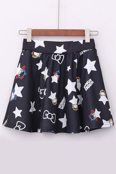 Black Stars Print Elastic Waist Skirts