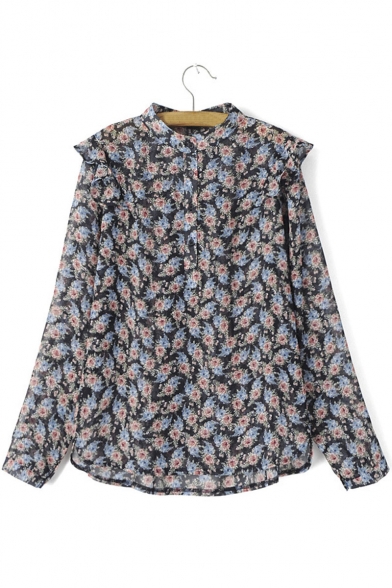 Stand Up Neck Ruffle Detail Floral Print Loose Shirt