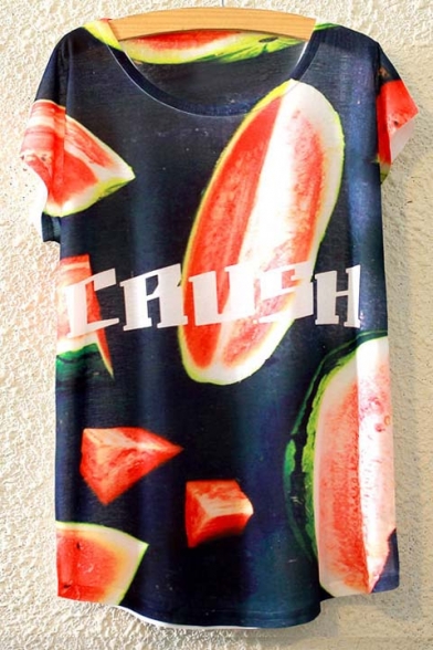 Sheer Round Neck Watermelon&Letter Print Tunic