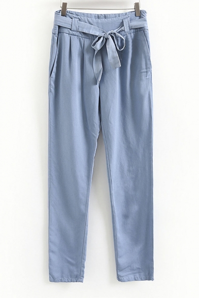 Blue Zip Side Double Pockets Loose Harem Pants with Belt