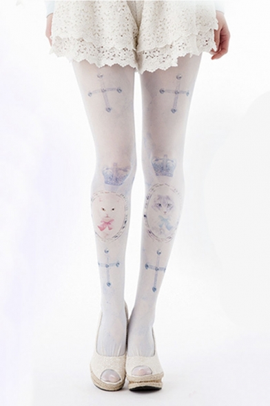 Cute Cat & Cross Print Thin Stretch Pantyhose