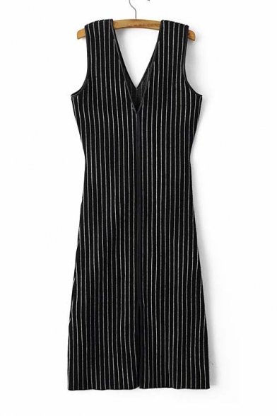 V-Neck Double-Split Mono Stripes Elastic Shift Dress