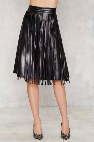 Fashion High Waist Zipper Side Tassel Embellish PU/Leather A-Line Midi Icon Skirts