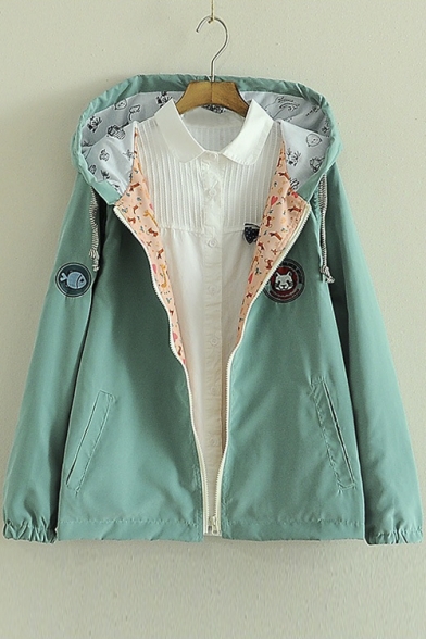 Cute Candy Color Cartoon Embroidery Long Sleeves Hooded Tin Coat Outwear