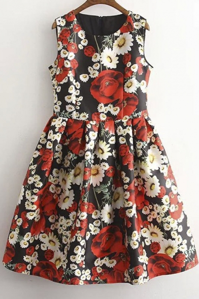 Floral Print Pleated Sleeveless Zip Back Mini Dress