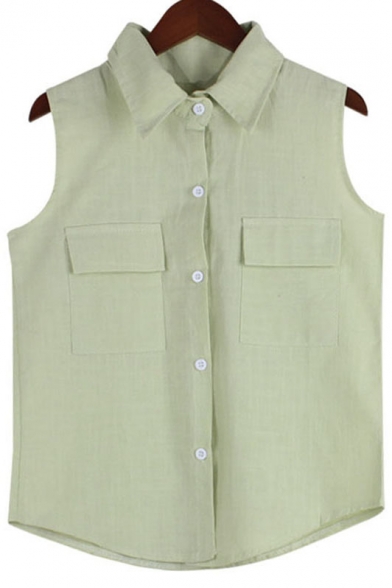 Plain Lapel Linen Double-Pockets Sleeveless Shirt