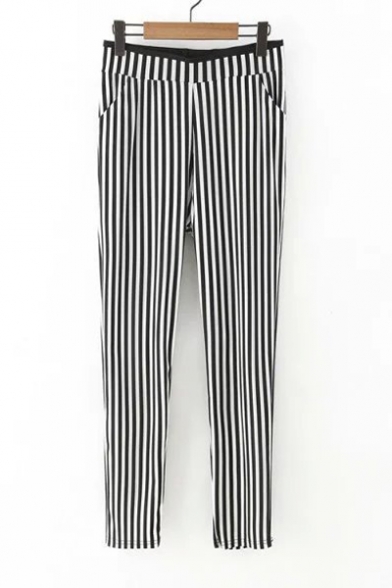 Stretch High Waist Striped Two Pockets Front Slim Fit Pants
