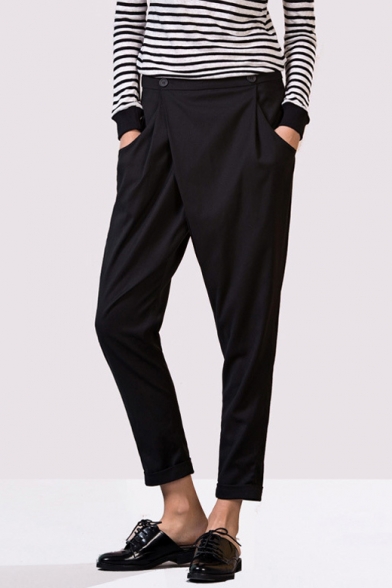 Black Casual High Waist Pocket Button Detailed Harem Pants