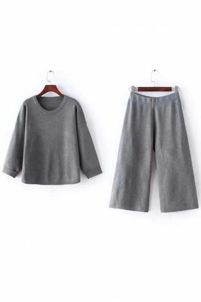 Knit Plain Long Sleeve Round Neck Top with Wide Leg Elastic Waist Crop Pants Co-ords
