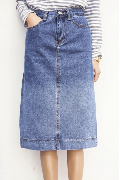 Column Gradient Wash Split Hem Denim Midi Skirt