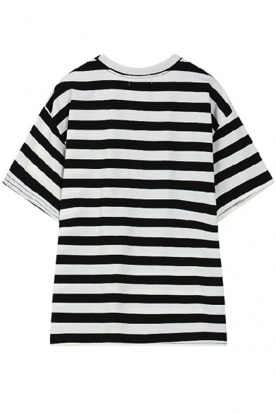 Stripes Embroidery Round Neck Loose-Fit T-Shirt - Beautifulhalo.com