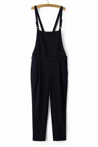 Casual Solid Color Straps Pleated Ankle Length Overalls Pants