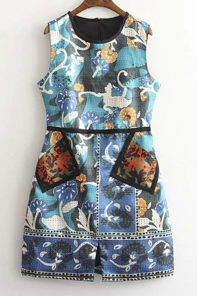 Double Pockets Printed M-Slit Sleeveless Mini Dress