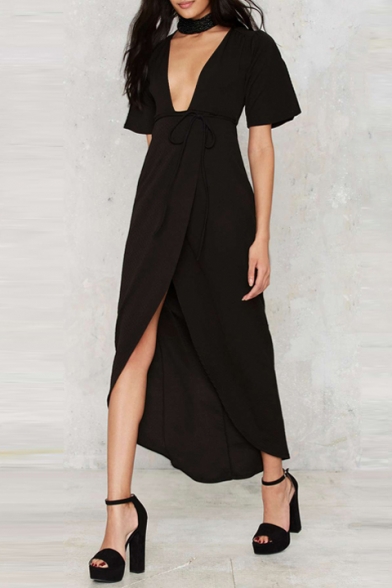 Sexy Deep-V Neck Belted Swallow Tail Wrap Dress