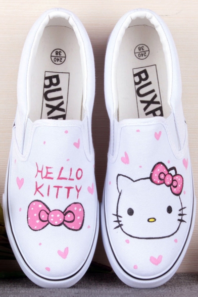 White Cute Cartoon Hand-Painted Canvas Round Toe Platform Girl's Sneakers