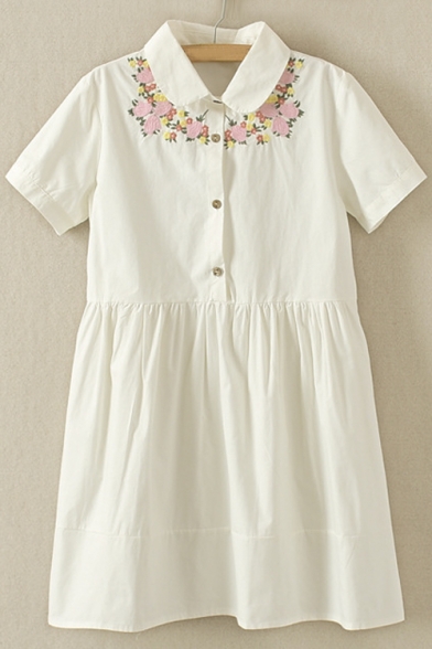 Cute Flower Embroidery Short Sleeve Lapel Button Through Midi Smock Dress