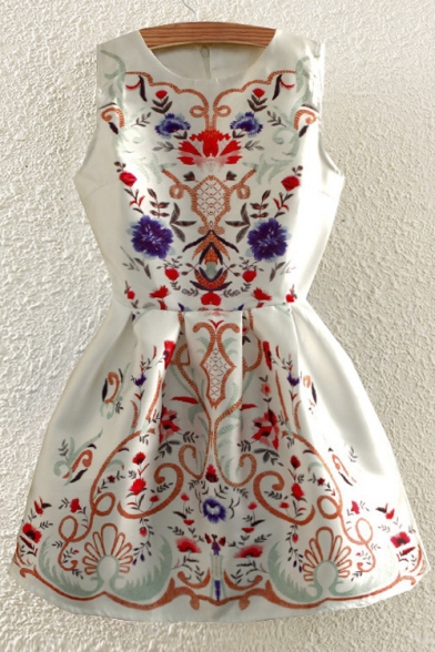 Floral Print Round Neck Sleeveless Dress
