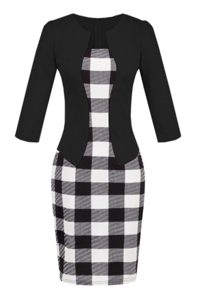 Notched 3/4 Sleeve Checked Print Bodycon
