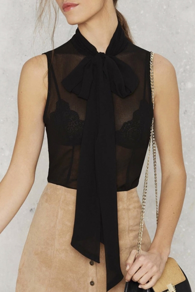 Tie-Neck Sleeveless Sexy Slim Fit Sheer Blouse With Bows Embellish